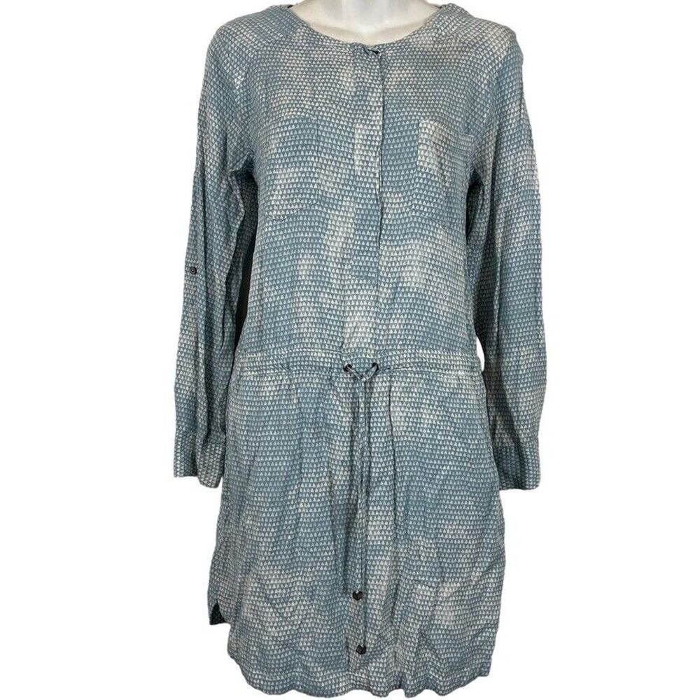 Lou & Grey Womens Blue Button Down Drawstring Waist Roll Tab Sleeve Dress Small